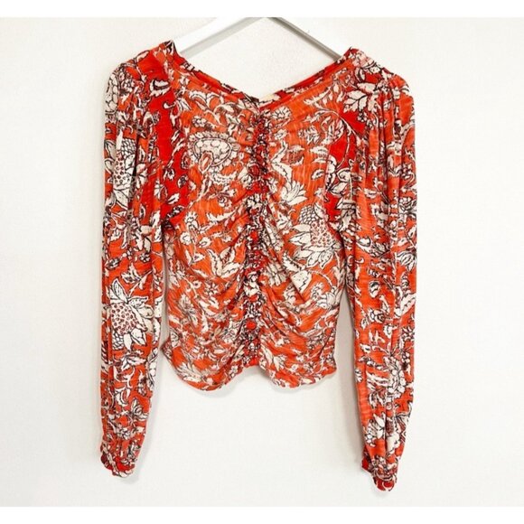 Free People Say the Word Top Sz L Red Floral Combo Peasant Sleeve Cotton Modal - Picture 4 of 9